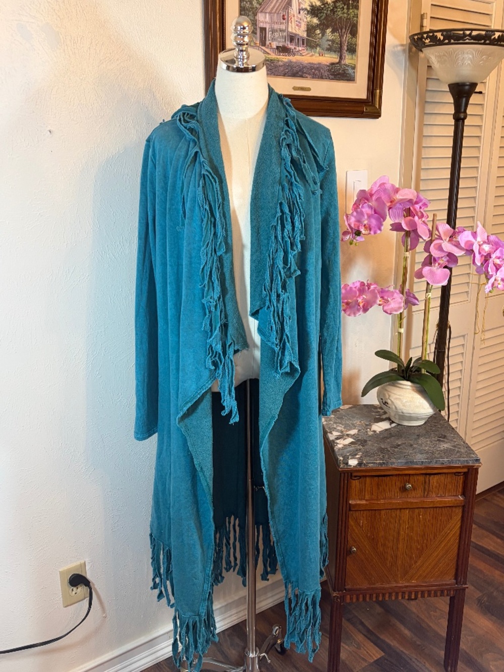 NWT Blue Buttercup Mineral Wash Turquoise Fringe Duster Cardigan Small Boho West